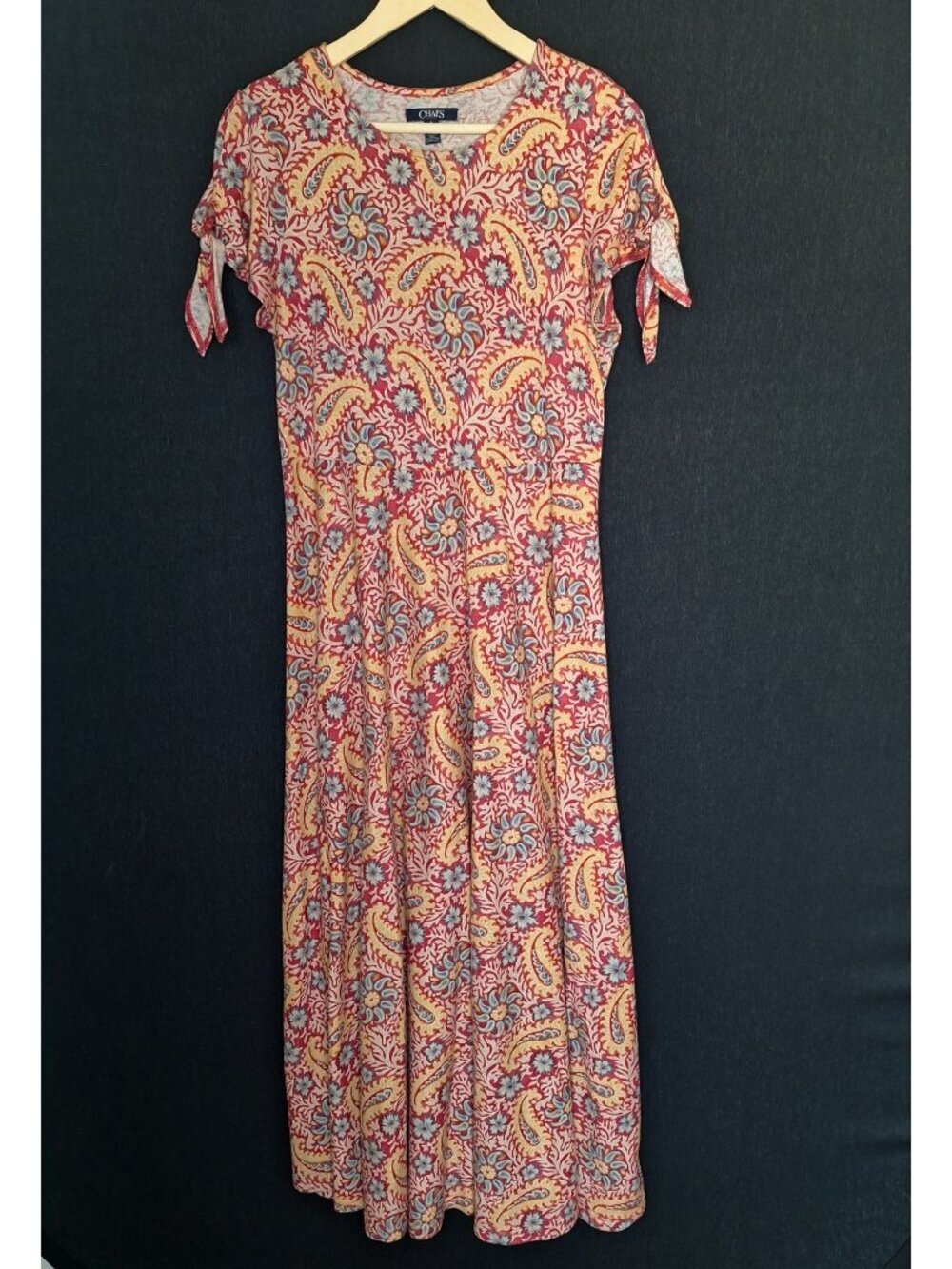 💙 Chaps Paisley Floral Maxi Dress Size M Red Cotton Tie Sleeve Short Sleeve Boh